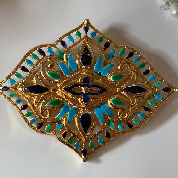 Vintage signed Vendome Enamel Gold Brooch - Picture 9 of 12